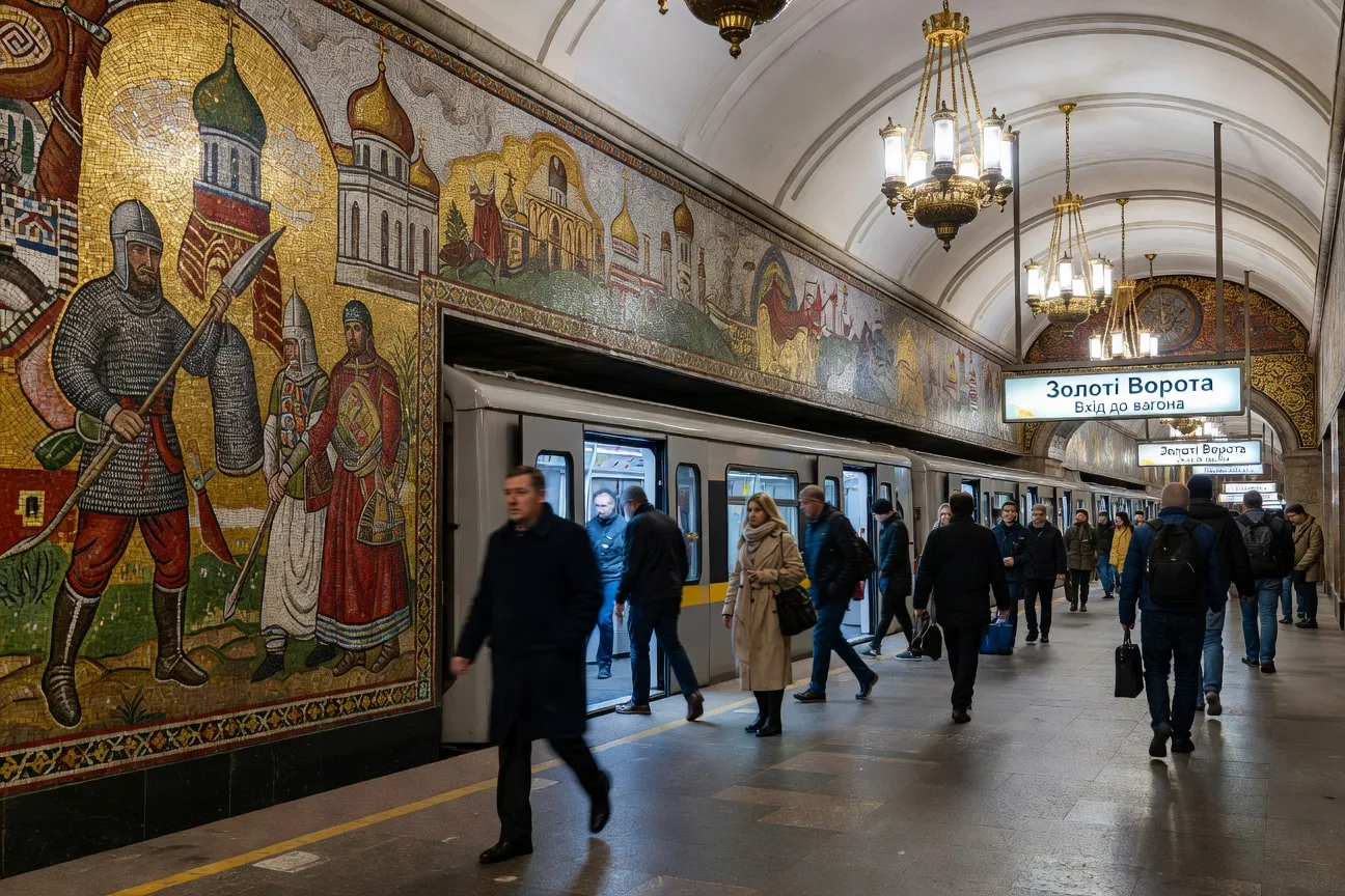 Station du métro de Kyiv, mosaïques classiques et voyageurs