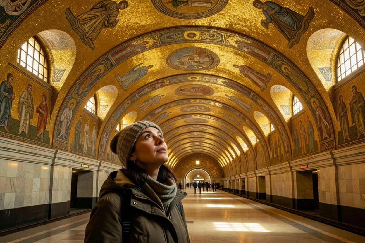 Mosaïques dorées et plafond à caissons de la station Zoloti Vorota du métro de Kyiv