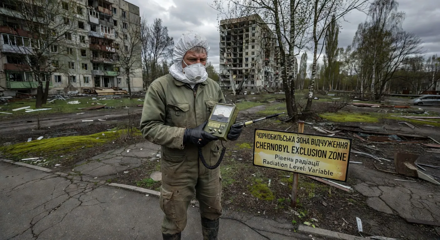 Touriste avec dosimètre dans la zone d'exclusion de Tchernobyl, Ukraine