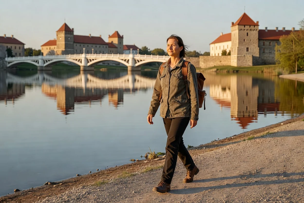 Grand lac artificiel de Ternopil au pied du vieux château avec le pont blanc et les parcs verdoyants