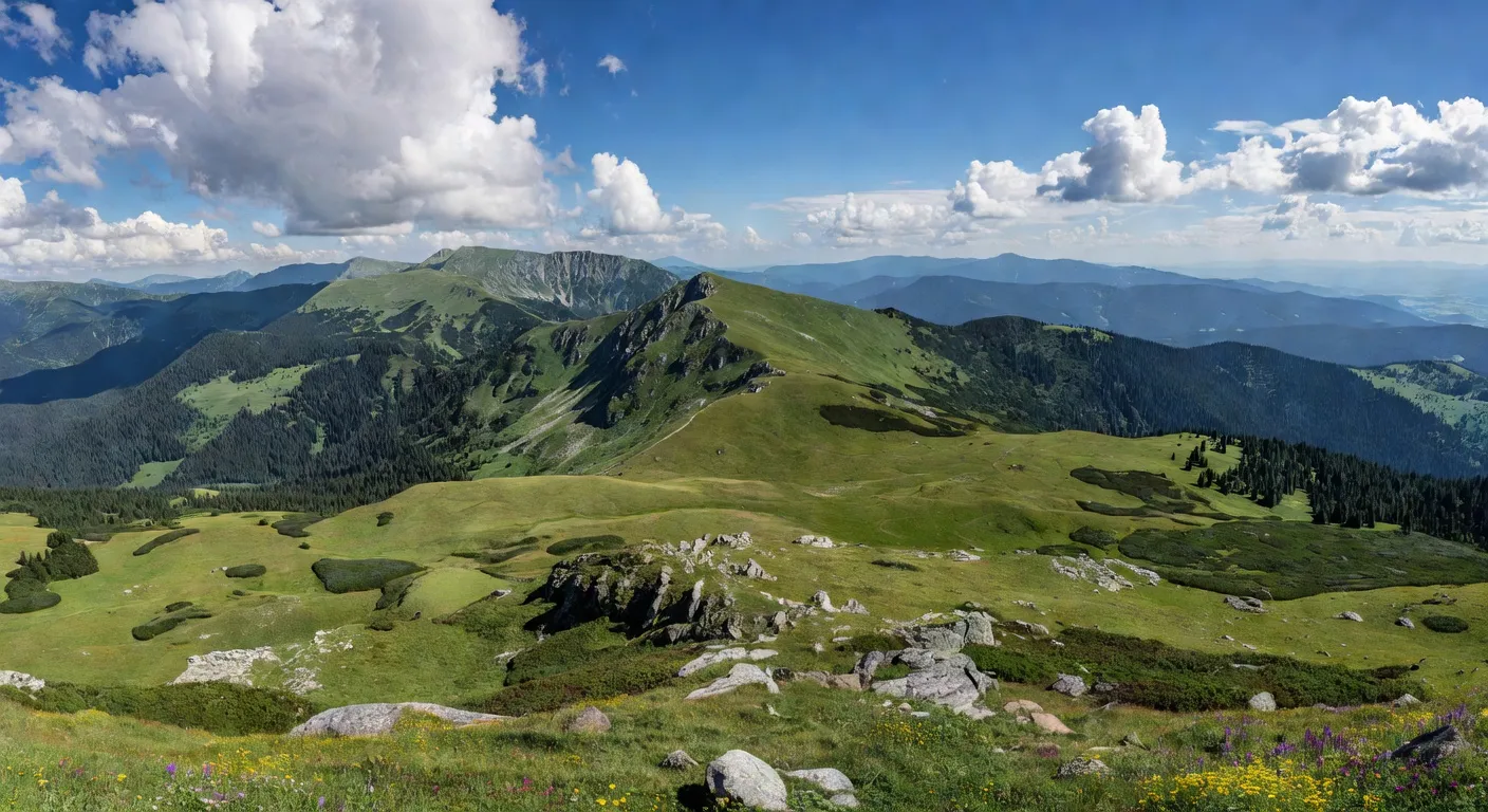 Vue panoramique depuis le sommet du mont Hoverla, point culminant des Carpates ukrainiennes