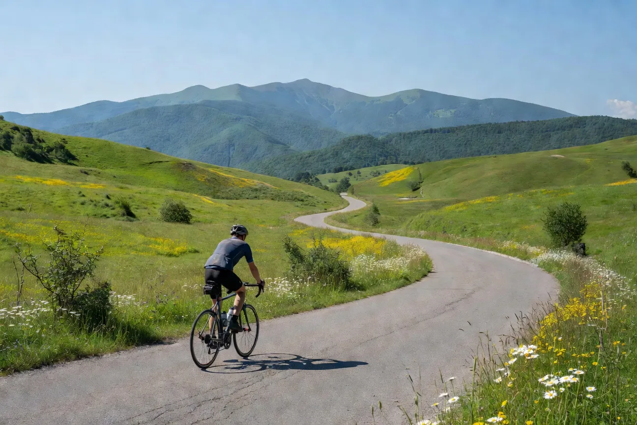 Cycliste sur une route de campagne en Ukraine de l'Ouest avec les Carpates en arrière-plan, été 2026