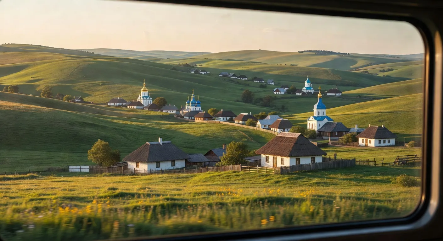 Paysage ukrainien depuis une fenêtre de train, campagne verte et villages traditionnels