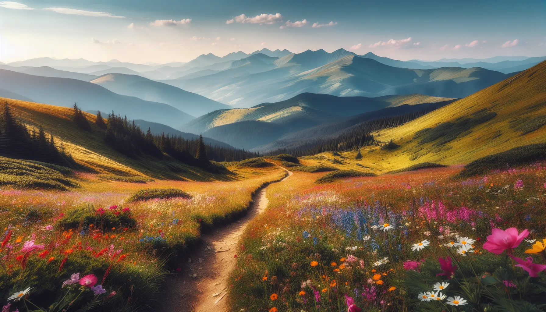 Sentier de randonnée à travers les prairies alpines des Carpates