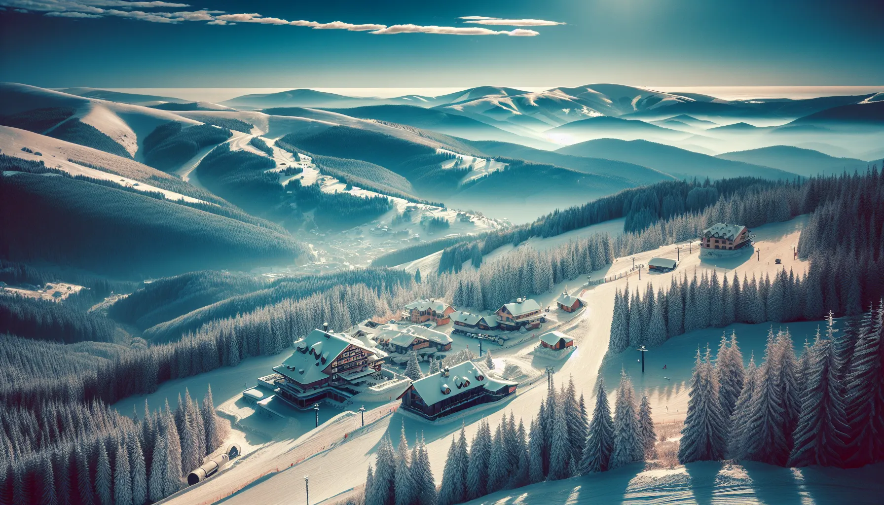 Station de ski Bukovel dans les Carpates ukrainiennes - remont&eacute;es m&eacute;caniques et pistes enneig&eacute;es